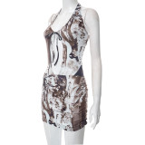 Women Summer Casual Print Sleeveless Cutout Lace-Up Halter Neck Dress