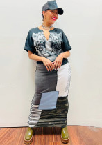 Vestido largo de manga corta con panel estampado para mujer