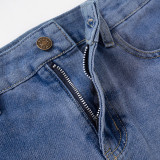 Women Summer Casual Solid Button Zip Pocket Denim Skirt