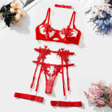 Women Embroidered Mesh See-Through Sexy Lingerie Two-Piece Set