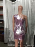 Fashion one-shoulder asymmetric pu Bodycon sexy nightclub dress