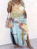 Plus Size Women V-Neck Slit Map Print Short Sleeve Long Dress