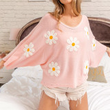 Women V-Neck Flower Embroidered Oversized Sweater
