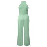 Women Solid Sleeveless Halter Neck Lace-up Casual Jumpsuit