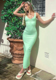 Women's Summer Solid Color Casual Pleated Slit Slim Fit Maxi Dress