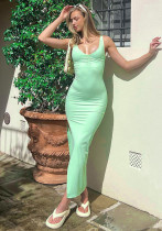 Women's Summer Solid Color Casual Pleated Slit Slim Fit Maxi Dress