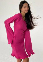 Sexy Low Back Slim Comfortable High Waist Woolen Bell Bottom Sleeves Ruffle Edge Dress