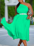 Belted Women's Fashion Chic Slash Shoulder Solid Color Pleated Maxi Dress