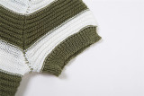 Women's Fall Turndown Collar Short Sleeve Striped Colorblock Knitting Short Slim Bodycon Set