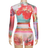 Summer Women's Fit Long Sleeve Tight Fitting Mesh Print Top High Waist Bodycon Skirt Set