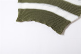 Women's Fall Turndown Collar Short Sleeve Striped Colorblock Knitting Short Slim Bodycon Set