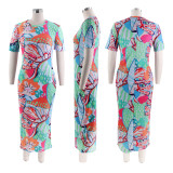 Summer Ladies Fitted Round Neck Painted Print Dress