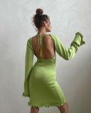 Sexy Low Back Slim Comfortable High Waist Woolen Bell Bottom Sleeves Ruffle Edge Dress