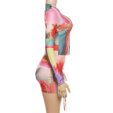 Summer Women's Fit Long Sleeve Tight Fitting Mesh Print Top High Waist Bodycon Skirt Set