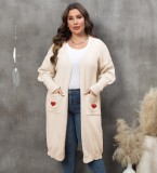 Women's Outerwear Plus Size Women's Sweater Heart Print Two Pocket Balloon Sleeve Sweater Cardigan