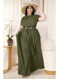 Green Short Sleeve Top Midi Skirt Plus Size Fashion Casual Two Piece Set