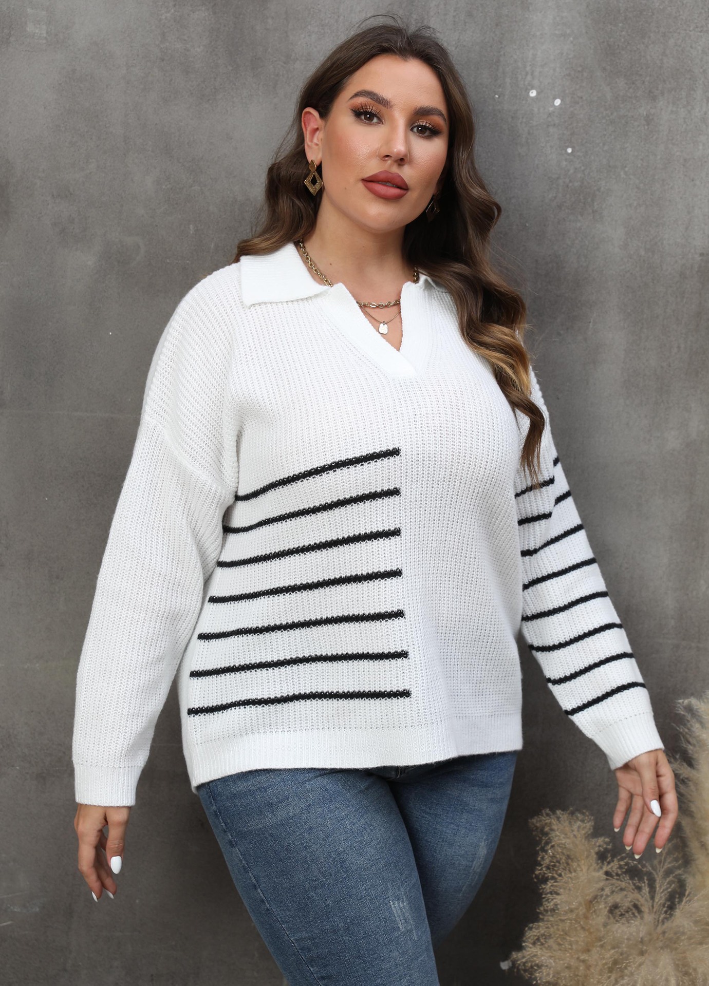 Ladies Pullover Knit Top Plus Size Women's Fall Winter Contrasting