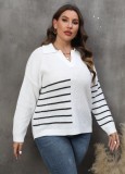 Ladies Pullover Knit Top Plus Size Women's Fall Winter Contrasting Color Patchwork Striped Turndowm Collar Sweater