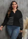 Ladies Pullover Knit Top Plus Size Women's Fall Winter Contrasting Color Patchwork Striped Turndowm Collar Sweater