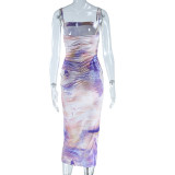 Tight Fitting Dress Digital Printed Strap Maxi Bodycon Sexy Dress For Women