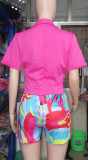 Women Short Sleeve Top and Print Blazer Shorts Two-Piece Set
