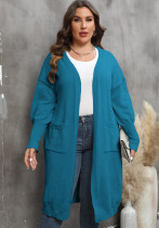 Suéter tejido de gran tamaño para mujer, de talla grande, con dos bolsillos, manga globo, cárdigan