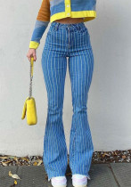 Pantalones de mezclilla ajustados a rayas de cintura alta Retro americano para mujer, pantalones ajustados ligeramente picantes con corrección de Color de otoño