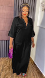 African Ladies Shiny Satin Loose Plus Size Dress With Butterfly Brooch