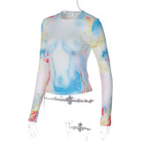 Women's Summer Fashion Printed Slim Fit Round Neck Long Sleeve Top