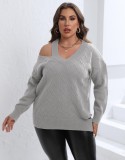 Women's Fall Winter Pullover Tops Plus Size Women's Style Cutout Shoulder Knit V Neck Sweater