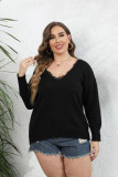 Ladies Fall Winter Woven Top Plus Size Ladies'Lace Patchwork V Neck Pullover Sweater