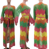 Capa de praia feminina casual tricô multicolorida com cinto