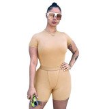Women's Summer Street Solid Color Tight Fitting Short Sleeve Top Shorts Casual Two Piece Set