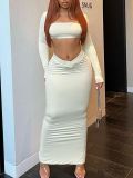 Solid Color Sexy Square Neck Long Sleeve Crop Top Skirt Fashion Casual Two Piece Set