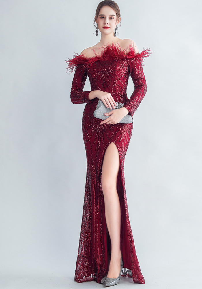 Gorgeous Long Sleeves Mermaid Prom Dress With Slit & Feathers One Shoulder