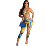 Sexy Fashion Print Straps Crop Camisole Slim Fit Elastic Belt Pants Two Piece Set