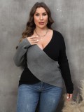 Autumn/Winter Women's Tops Plus Size Ladies Contrast Color Patchwork Deep V Crossover Sexy Sweater