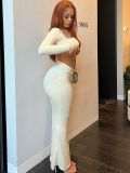 Solid Color Sexy Square Neck Long Sleeve Crop Top Skirt Fashion Casual Two Piece Set