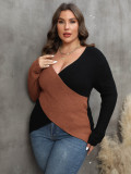 Autumn/Winter Women's Tops Plus Size Ladies Contrast Color Patchwork Deep V Crossover Sexy Sweater