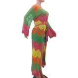 Capa de playa con recorte de tejido multicolor informal para mujer con cinturón