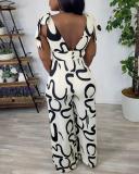 Women Sexy Print Bodycon Slim Straight Wide Leg Lace-Up Jumpsuit