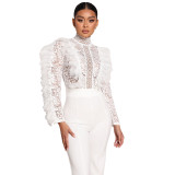 Women's autumn and winter lace fringed trousers See-Through sexy Jumpsuit