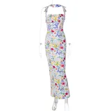 Womens wear Wrap Bust Off Shoulder Halter Neck Low Back Dress Slim Waist Bodycon Slim Printed Maxi Dress