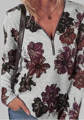 Plus Size Women's Spring and Autumn Fashion Zipper Flower Print Long Sleeve T-Shirt Top