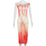 Summer Women's Fashion Print Off Shoulder Round Neck High Waist Slim Dress