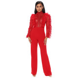 Women's autumn and winter lace fringed trousers See-Through sexy Jumpsuit