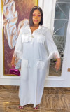 African Ladies Shiny Silky Satin Loose Comfort Plus Size Dress with Butterfly Brooch