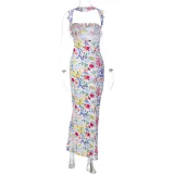 Womens wear Wrap Bust Off Shoulder Halter Neck Low Back Dress Slim Waist Bodycon Slim Printed Maxi Dress