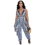 Women's Fashion Sexy Low Cut V-Neck Suspenders Positioning Print Jumpsuit