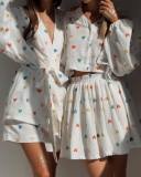 Women Ruffle Strawberry Print Long Sleeve Top and Skirt Two-Piece Set